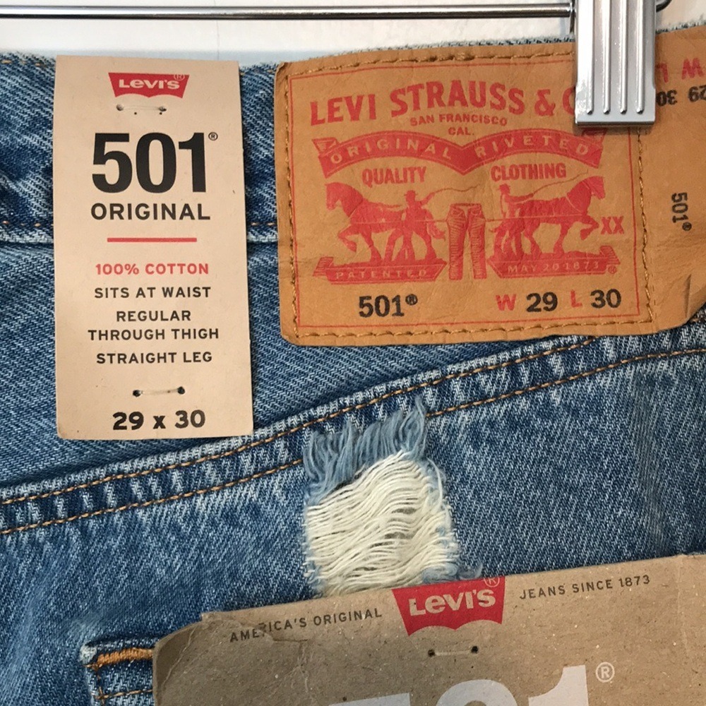 Levi's Men's 29x30 501 Original‎ Jeans Blue Distressed Ripped Straight NEW - Picture 9 of 12